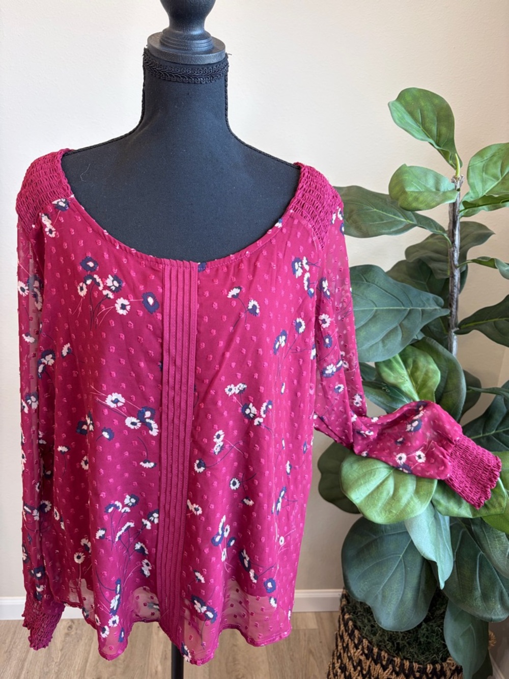 LC Lauren Conrad Raspberry Floral Pintuck Peasant Blouse